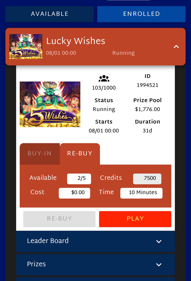 slot tournament information screen